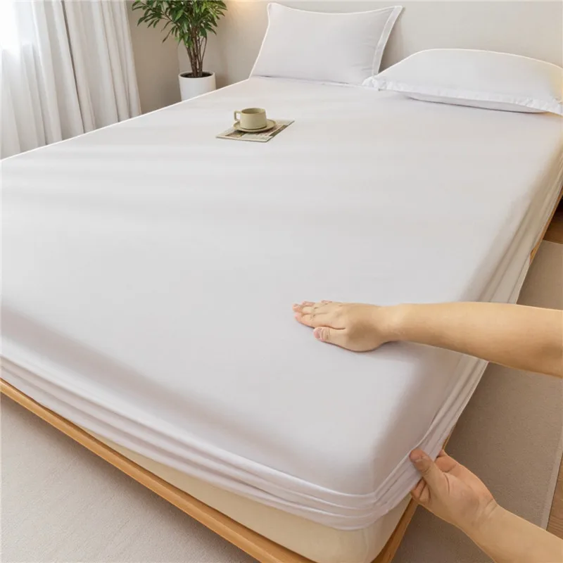 1Pc Waterproof Fitted Bed Sheet With Elastic Band Solid Color Anti-slip Adjustable Mattress Cover (Pillowcase Need Order)