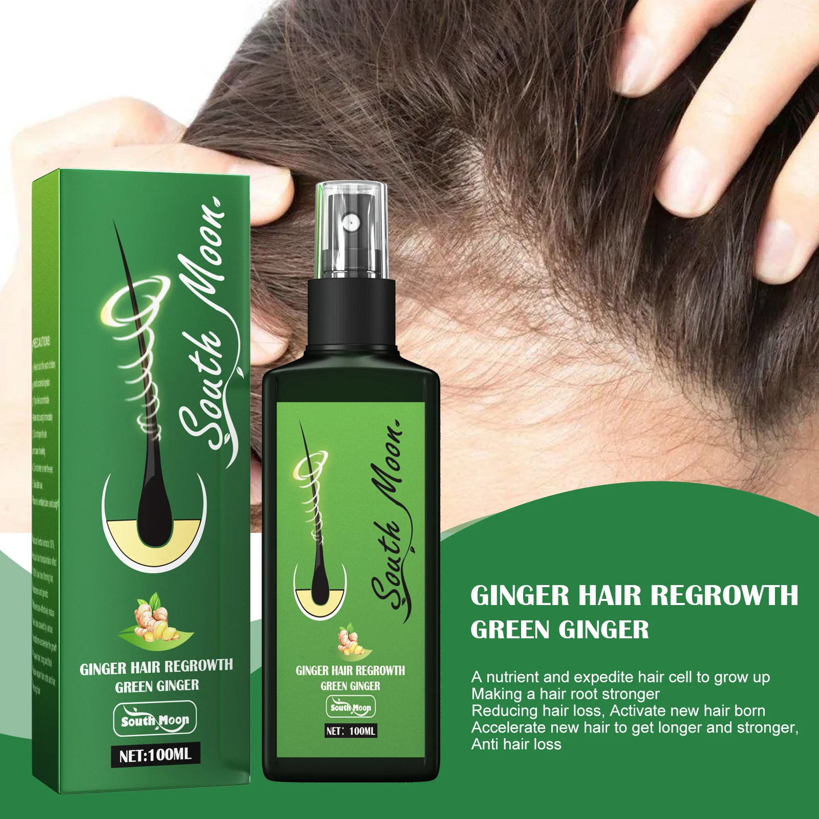 South Moon 100ml Green Ginger Hair Regrowth Spray Restore Hair & Scalp Vitality Reducing Hair Loss Promoting Hair Growth Liquid