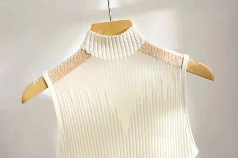 Mesh Gestrickte Top Frauen Y2K Tank Top Halbe Hals Weste Weibliche Ärmellose Pullover Chic Cut Out Streetwear Solide Dünne Weiße Rohr Top – Detail 7