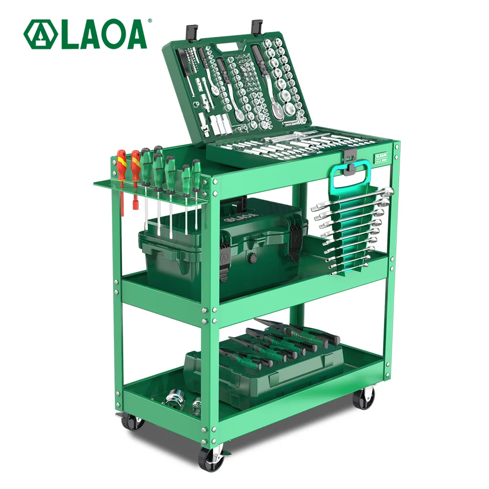 LAOA Three layer Handcart Thickened Iron sheet Parts cart Parts cabinet Tool cart maintenance cart Metal Tool Cart on Wheels