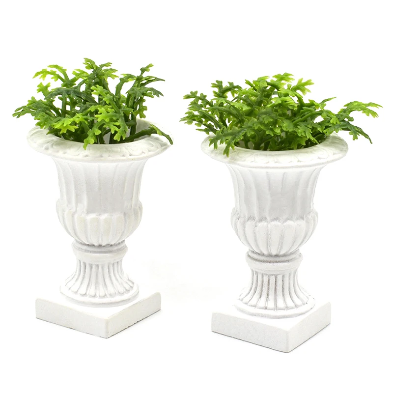 1Pair 1:12 Dollhouse Miniature White Pillar Flower Pot Mini Potted Green Plants Bonsai Plant Pot Model Home Balcony Garden Decor