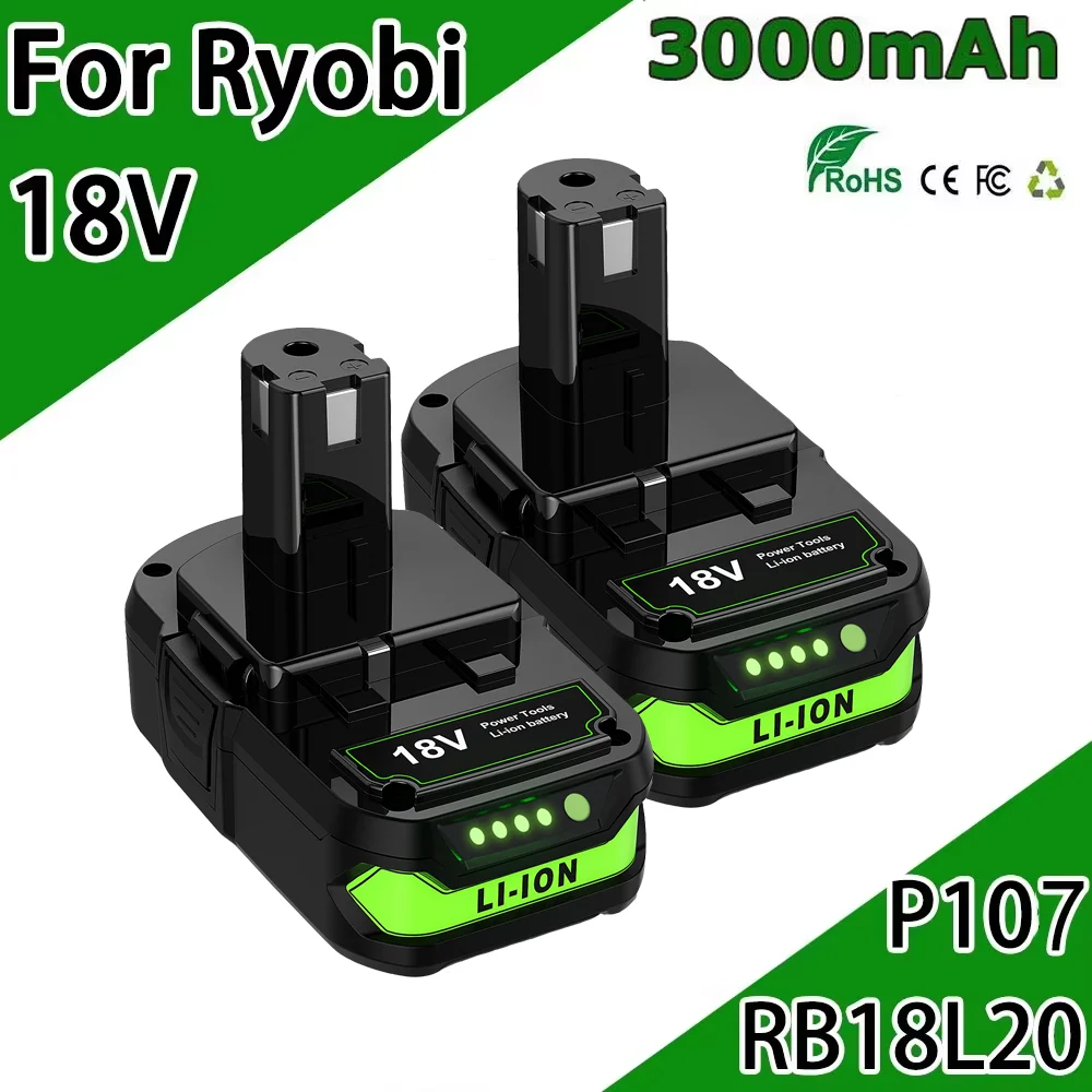 Batería de iones de litio de 18V y 3,0Ah para Ryobi P107, batería de repuesto para Ryobi RB18L50 RB18L25 RB18L15 P107 P102 P103 con LED