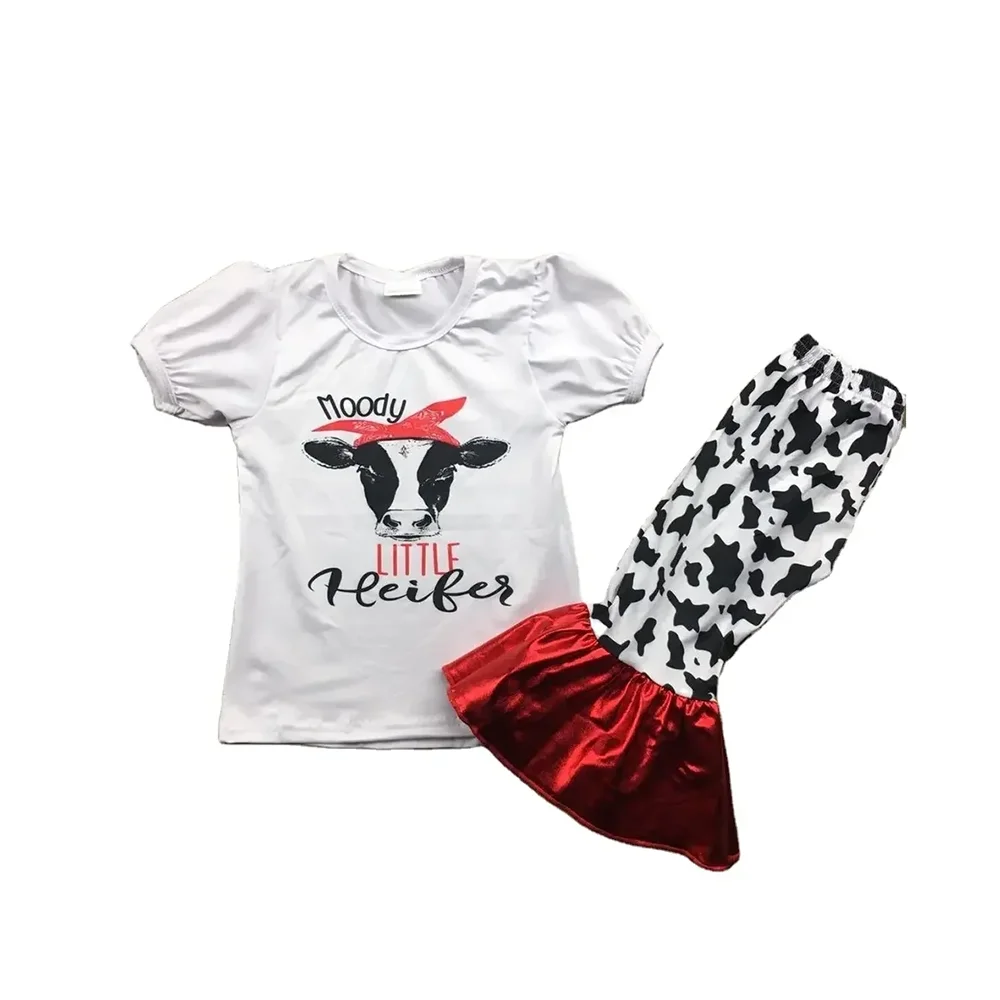 Boutique Girls Set Cute Calf Print Short-sleeved Top Red Stitching Cows Print Bell Bottom Pants 2-piece Set