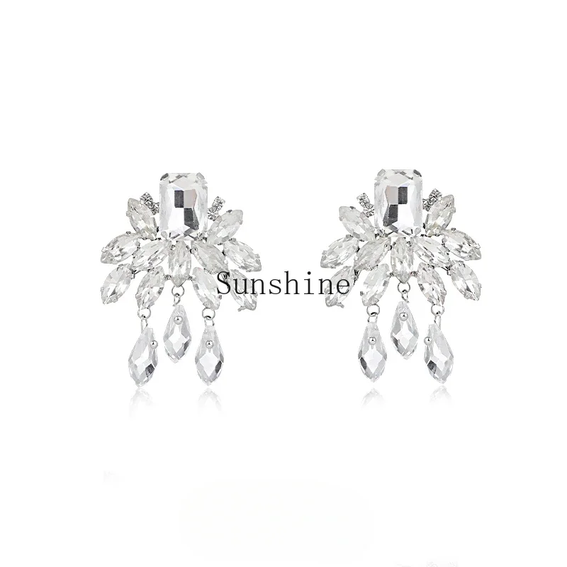 

High-end full diamond flower fringed earrings temperament fashionable exaggerated earrings