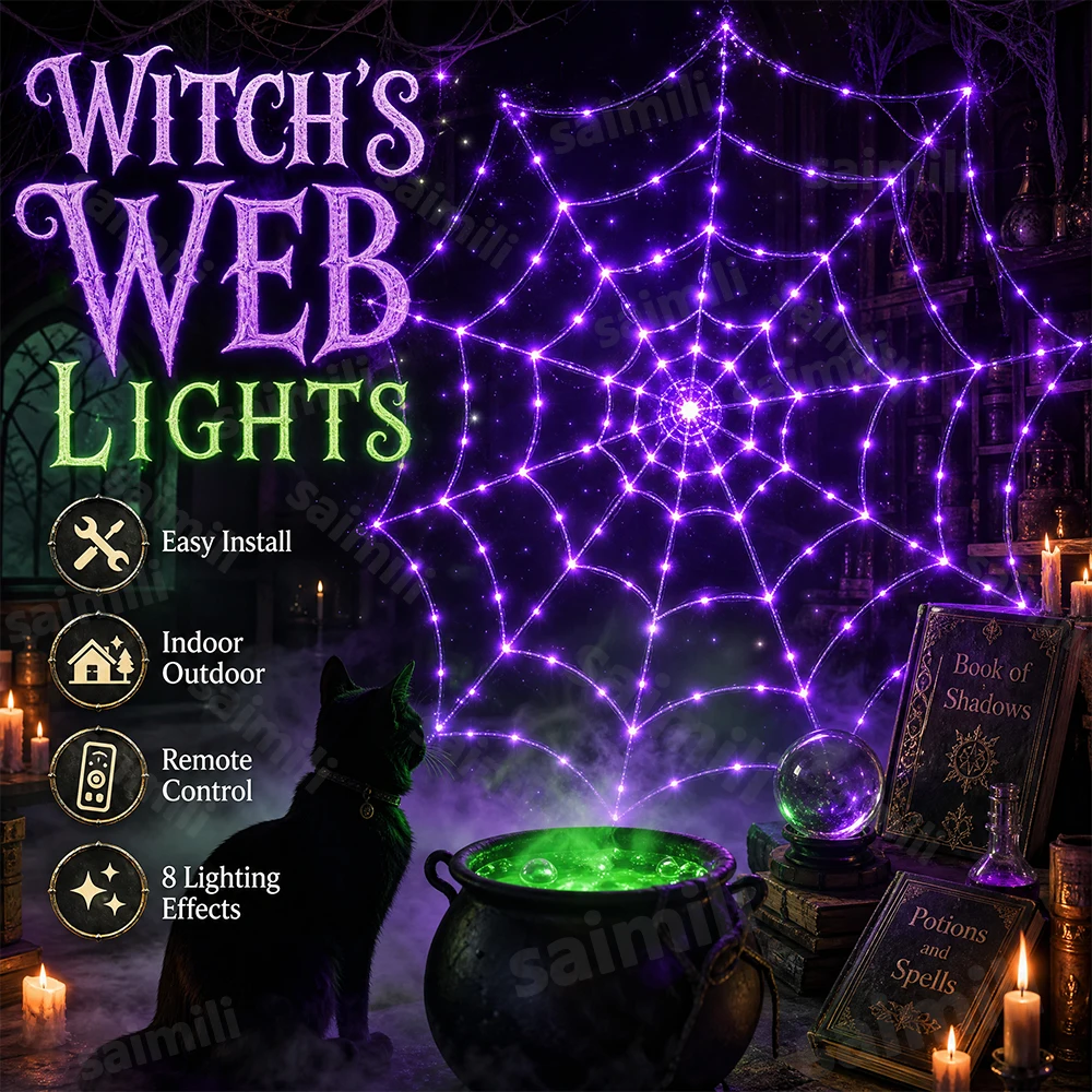 Halloween Spider Web Net LED Lights Battery Remote Control 8 Modes For Home Window Haunted House Holiday Party Atmosphere Decor