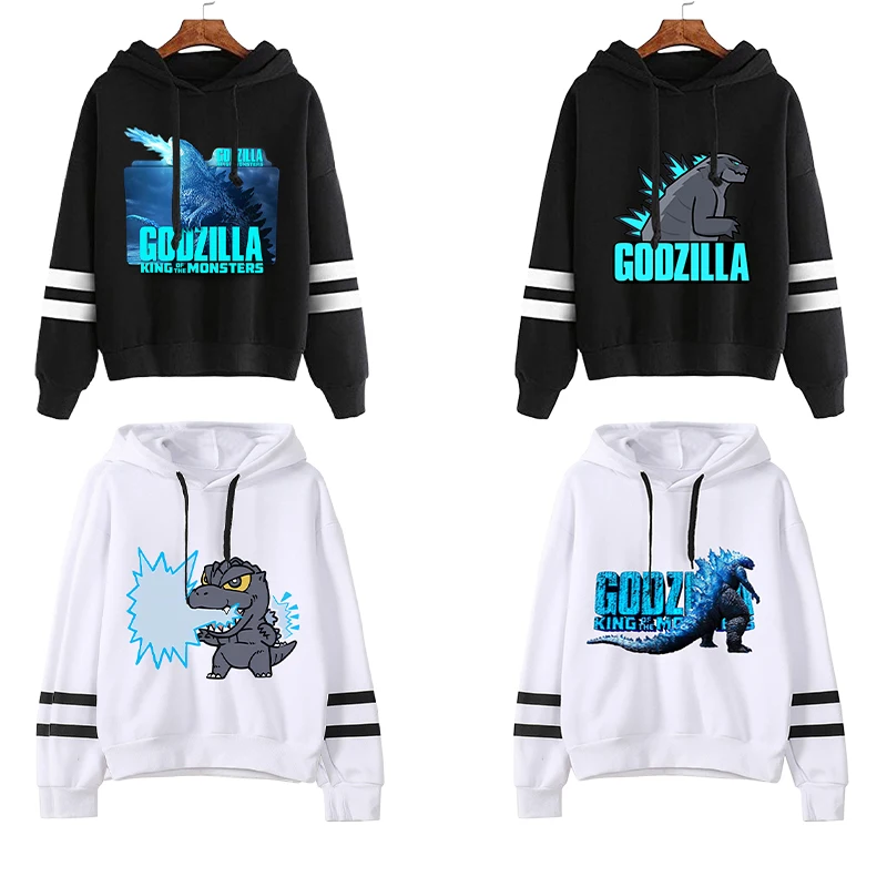 

Godzilla Kong Men Hoodie White Black Long Sleeve Movie Cartoon Boys Hooded Striped Sweatshirts Y2k Casual Sporty Adult Clothings