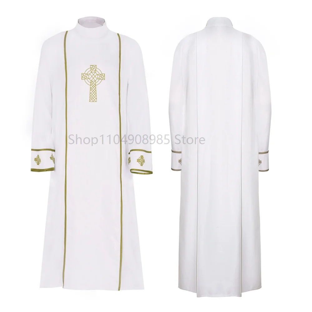 

White Priest Robe Cosplay Costume Men's Medieval Yellow Cross Stand Collar Cloak Clergy Stage Performance Outfit