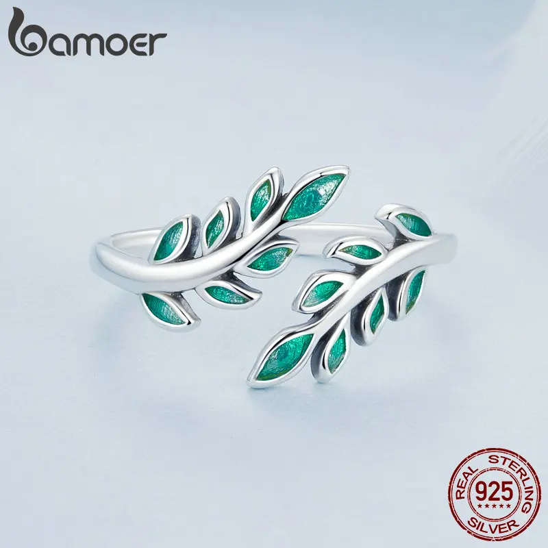 BAMOER 925 Sterling Silver Marquise Shape Open Leaf Rings Olive Leaf Rings Unique Jewelry Gifts for Women Mother Mom Wife Girls