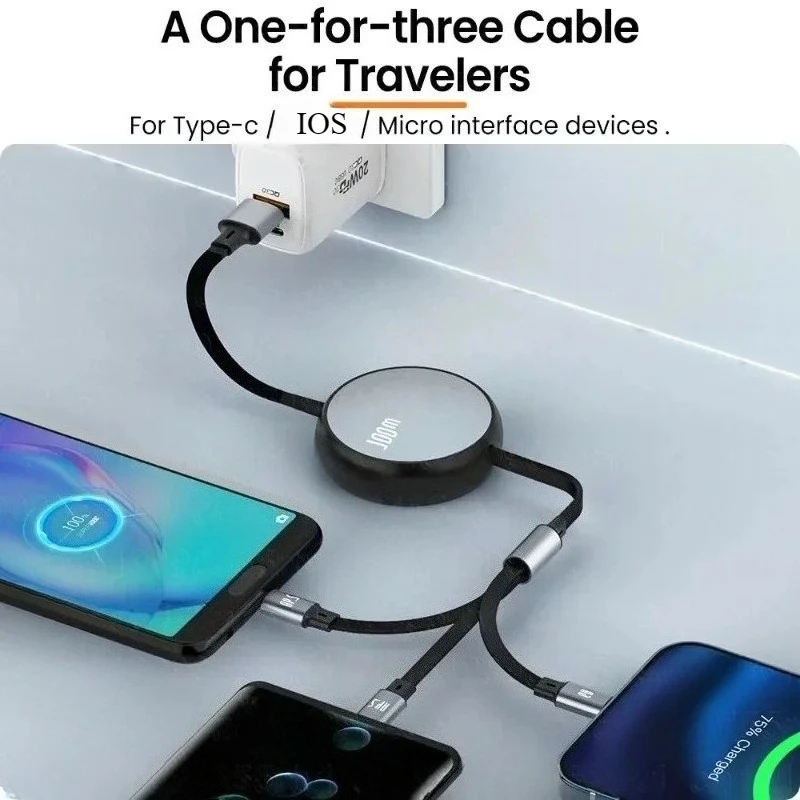 6A 100W 3 in 1 Fast USB Cable for Huawei/Honor Retractable Portable 3 in 1 Micro USB Type C Charger Cable For iPhone Samsung