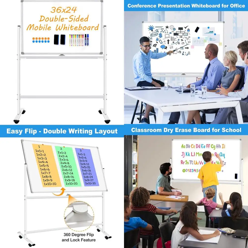 

Magnetic Mobile Whiteboard with Stand, 36x24 Dry Erase Board, Rolling Drawing Board for All Ages, Includes 2 Erasers, 10 Markers