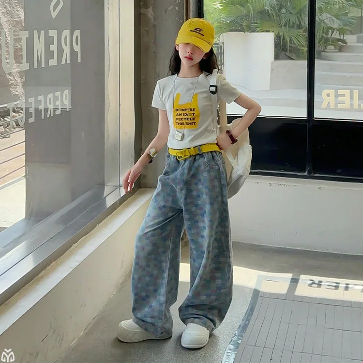 teen Girls colorful checkerboard jeans junior kid cotton white letter t-shirt Wide leg pants straight-leg trousers child outfits