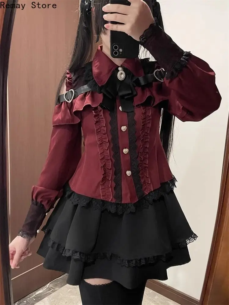 Korean Fashion 2000s Sweet Women 2 Pieces Set Lace Patchwork Shirt + Ruffle Mini Skirt Japanese Gothic Lolita Party Y2k Outfits