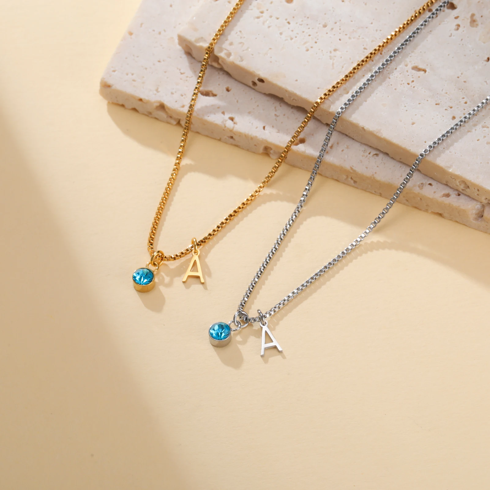 Unift Birth Stone And Letter Customized Necklace Stainless Steel Clavicle Chain Gold Plated Pendant Necklace Gift For Friends