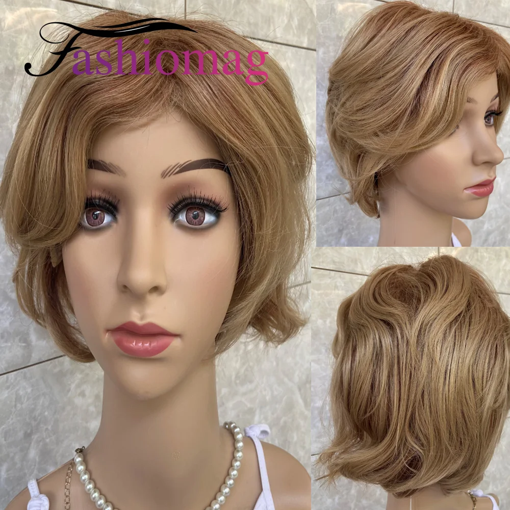 Fashiomag Short Straight Bob Hairstyle Human Hair Blend Heat Ok Wigs For White Women Soft Natural Daily Use