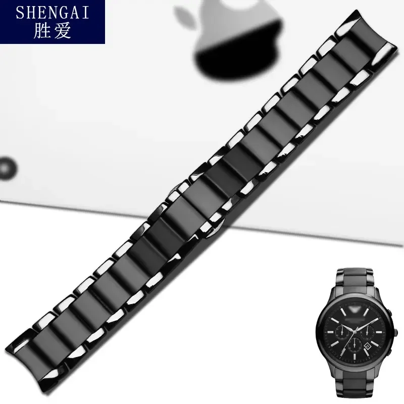 Curved Interface Ceramics Anti-Allergy Watchbands for Armani Ar1451/1452 Men Black 2448 Double Press Bucket 22 24mm Watch Strap