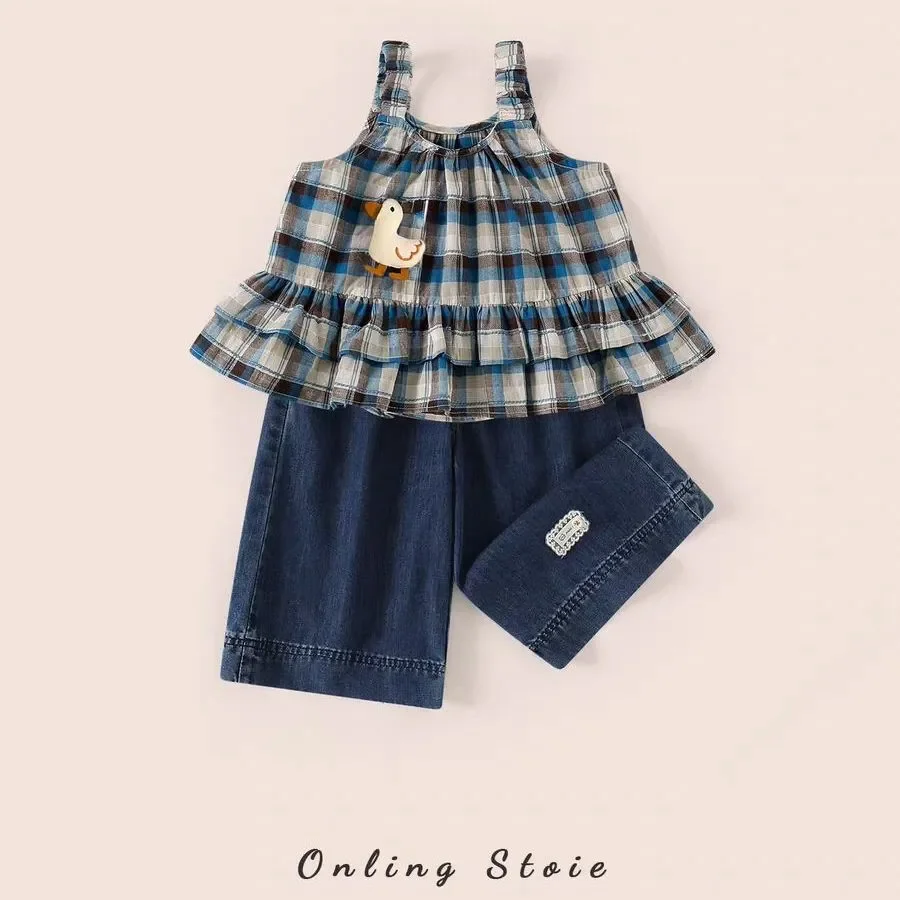 Baby Girls Summer Sweet Children Suits Kids Fashion casual Jean Cute Blue Cartoon plaid TShirt+Jean Pants 2Pcs Sets Streetwear