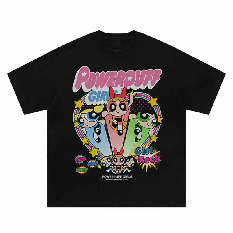 Distressed Oversize T Shirt Streetwear Anime Cartoon Graphic Print Retro Tshirt 2024 Hip Hop Casual Cotton Loose T-Shirt Black