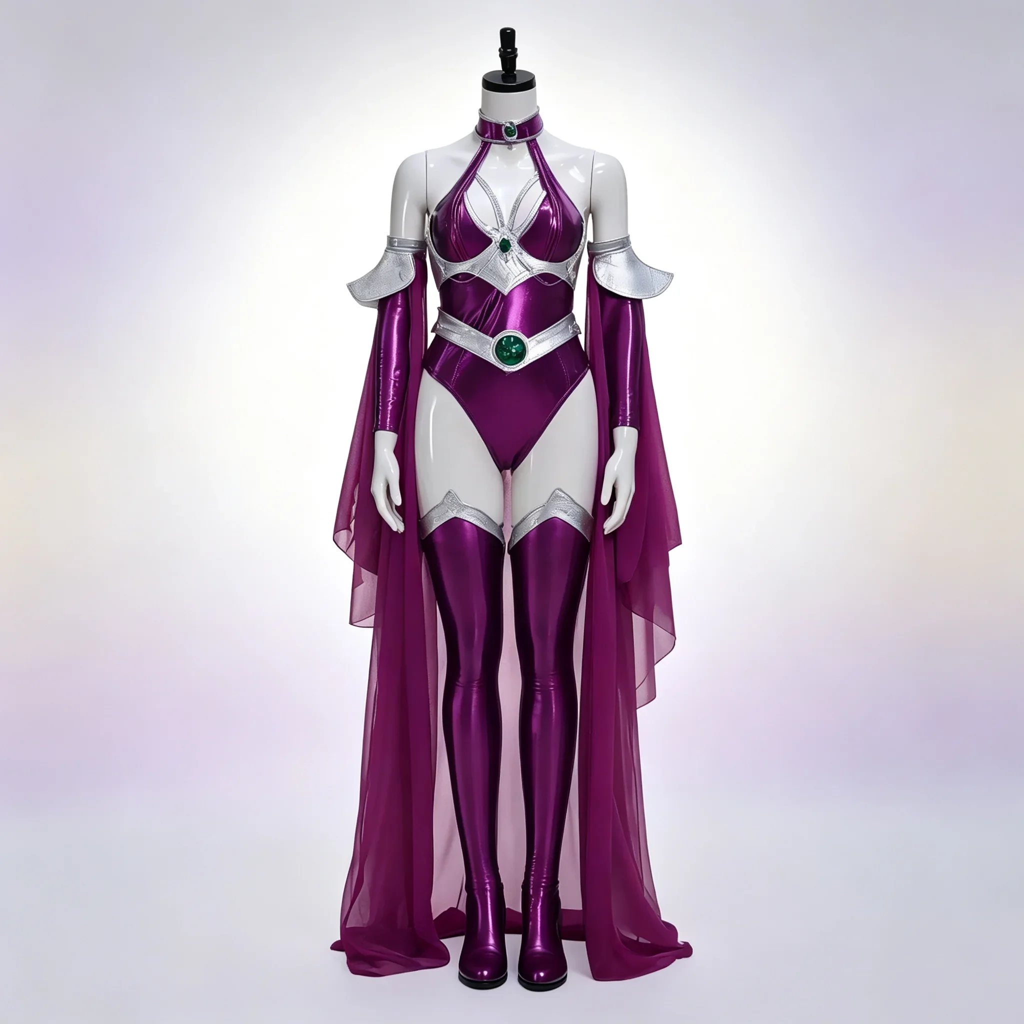 Costume da supereroe Starfire per cosplay, tuta metallizzata viola, mantello, abito da donna, tuta per cosplay, costume per feste di Halloween e spettacoli.