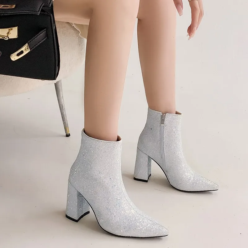 

Women's Ankle Boots Plus Size 43 Ladies Wedding Sequins Glitter Bling Booties Block High Heel Silver Gold Party Winter Shoes 41