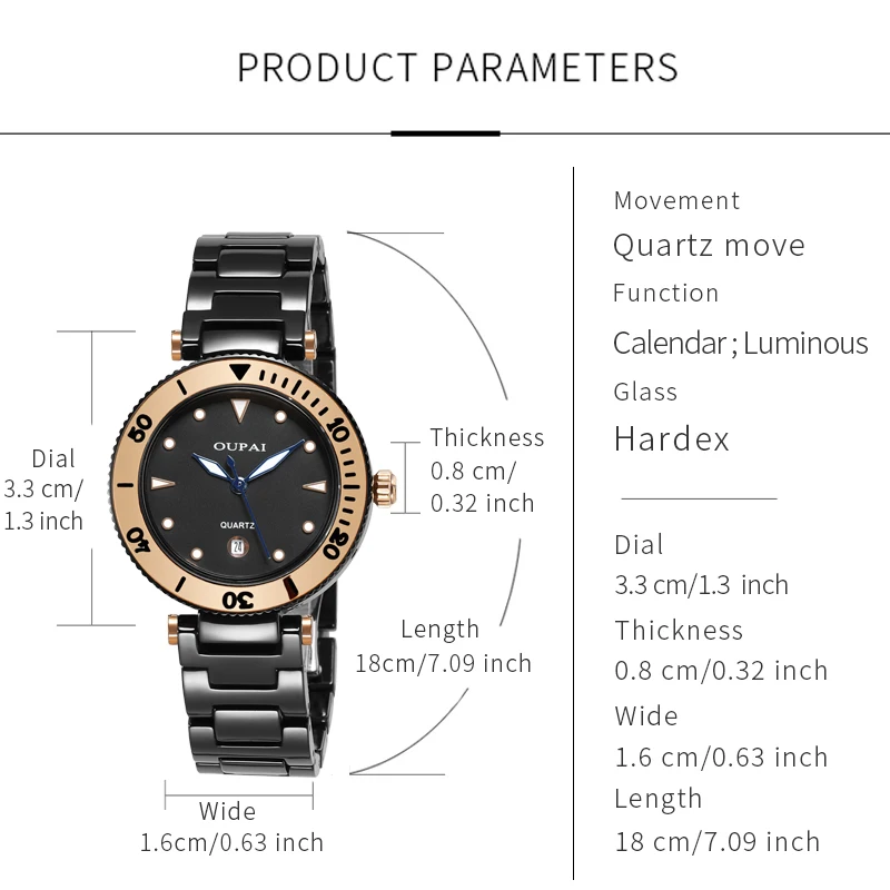 Oupai watch women's black ceramic Japan quartz move fashion simple luminous calendar simple waterproof