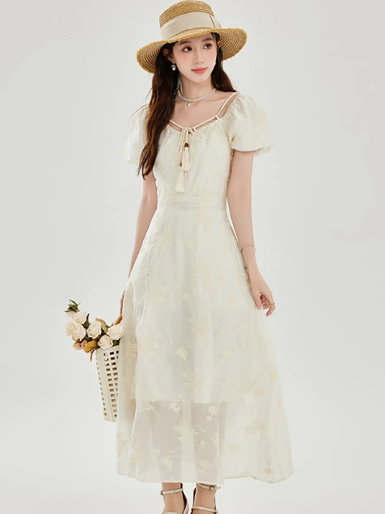 Women Fashion Jacquard Bow Square Collar Long Dress Summer Puff Sleeve Elegant Luxury Dress 2026 Korean Vintage Festival Dresses