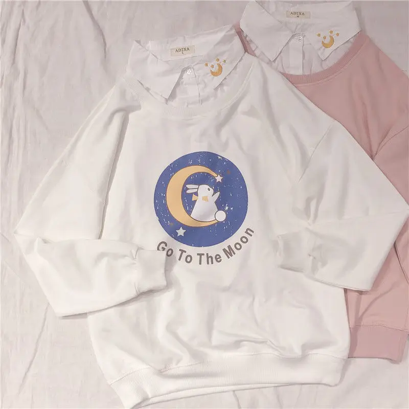 

Women Fake Two Pieces Sweatshirt 2024 Fall Korean Cartoon Letters Printed Hoodies All-MAtch New Sweet Pink Pullover Women Tops