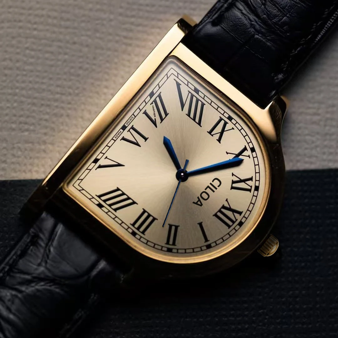 CILOA Retro Cushion Mens Quartz Watch Gold Sunburst Dial Roman Numeral Markers Crocodile Texture Blach-Quality Gift Quartz Watch