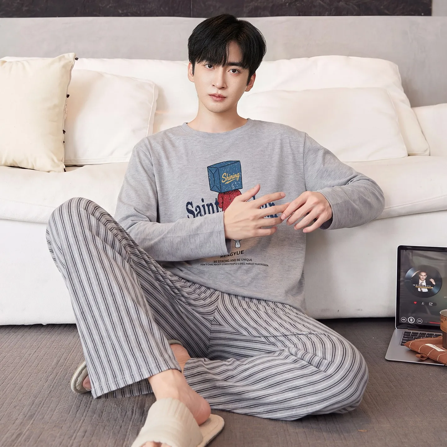 Men Premium Cotton Sleepwear 2026 Autumn Long Sleeve Pajamas Set Skin Friendly Teen Casual Homewear Spring Loungewear Hombre