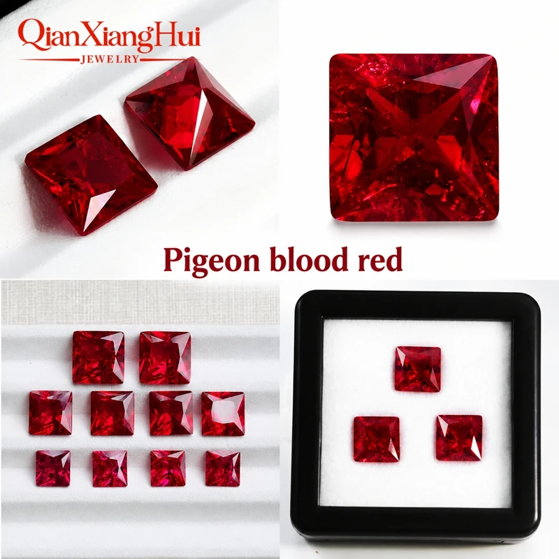 Square Shape Pigeon Blood Red Lab Created Ruby Princess Cut Loose Gem Stone with Minor Inclusions And Cracks Jewelry 6