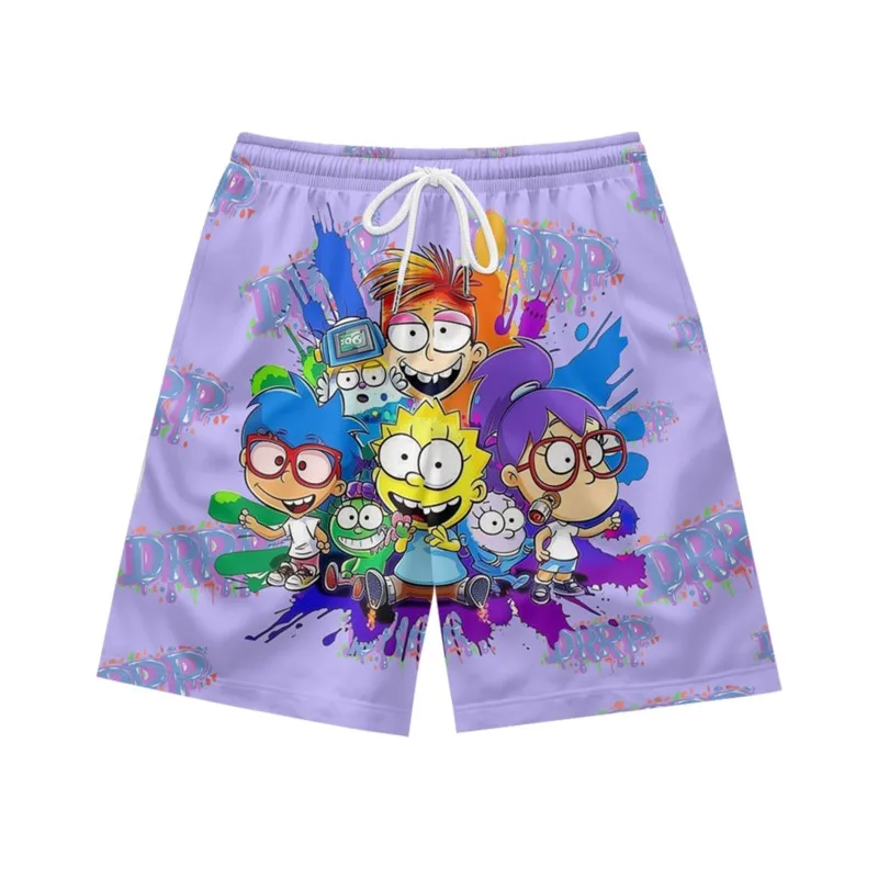 Cartoon pattern temperament, niche casual personality, loose fashion, summer men's drawstring sports, light purple shorts