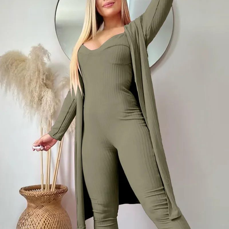 

Cardigan Outwear Rib Fabric V-neck Strap Bodycon Jumpsuit Women Jumpsuits Sets Long Sleeve Casual 2 Piece Set Outfits