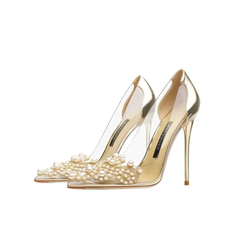 Escarpins à talons hauts transparents en PVC pour femmes, perles de biscuits, chaussures de Rhde mariage, talons hauts, fête sexy, mode de luxe, printemps, été