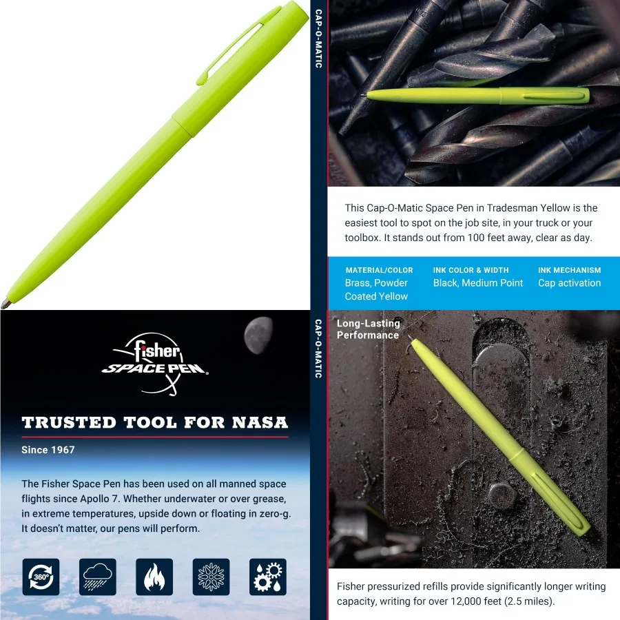 

Шариковая ручка Fisher Space Pen Cap-O-Matic с карманным зажимом флуоресцентного желтого цвета для надежного письма в любое время окружающей среды, черная