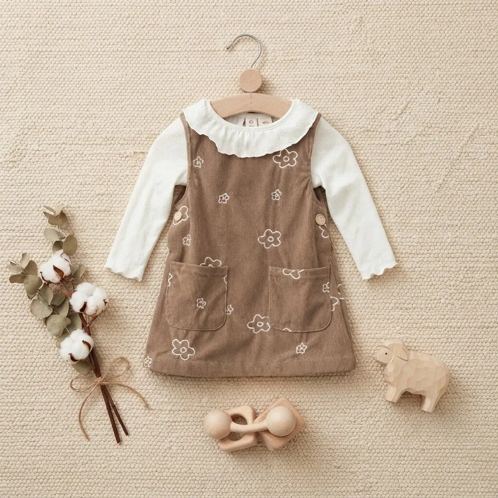 Braunes Cord-Kinderkleid für Mädchen, weißes, ärmelloses Strickkleid mit Blumenstickerei und Taschen – Detail 2