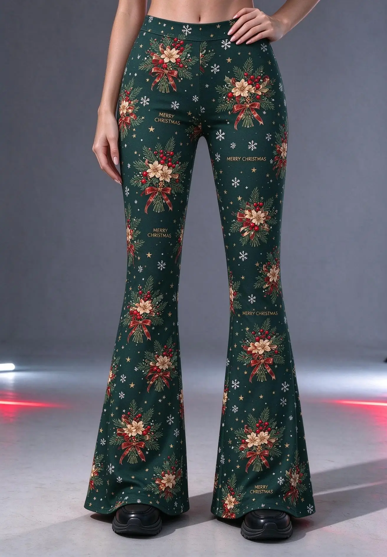 Women Mid-Rise Slim Flared Pants Christmas Dark Green Poinsettia Floral Snowflake Print Stretch Bell Bottoms