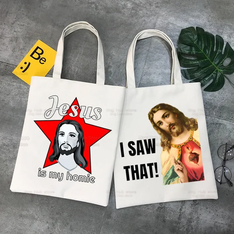 Jesus eu vi que shopper impresso kawaii saco harajuku feminino compras lona shopper bolsa tote ombro senhora saco