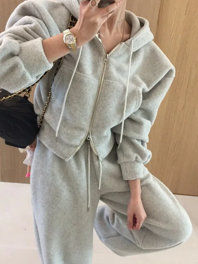 Thickened Fleece Hooded Double Zipper Sweatshirt Top with Wide Leg Pants Two Piece Set Women's Spring Autumn Winter Street Style