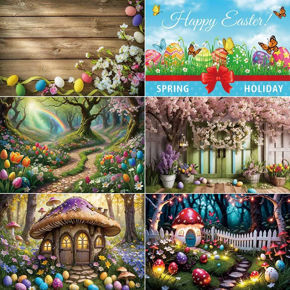 

MOON.QG Easter Garden Flowers Backdrop Photography Fence Mushroom Bunny Photocall Background Children Studio Photobooth Supplies