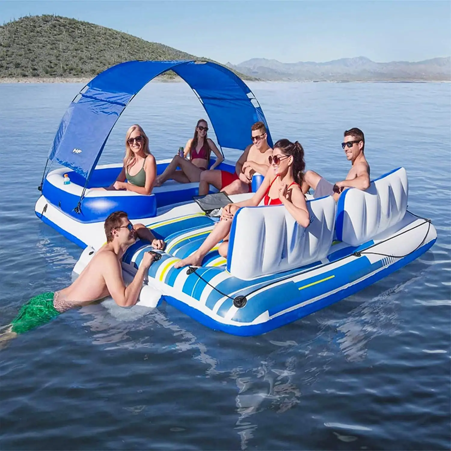 Ocean Lounge Chairs, Water Floating Row Floating Bed, Floating Rest Water Floating Dock, Water Inflatable Boat Dock with Awning