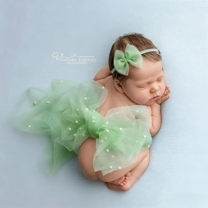 4M Newborn Photography Wrap & Headband, Pearl Tulle Baby Swaddle Blanket - Bowknot Belt,Baby Girl Photo Shoot Prop,Infant Posing