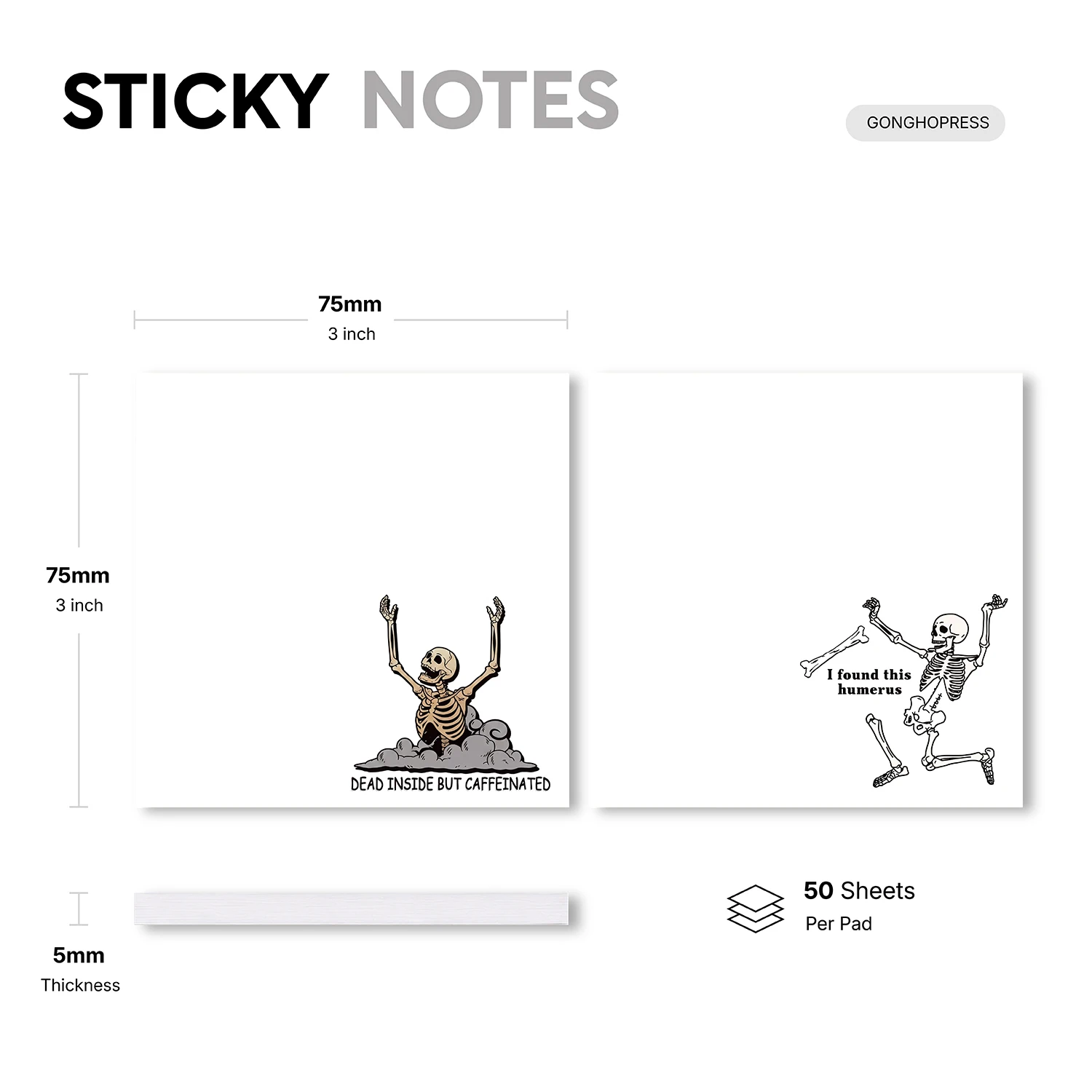 2PCS Funny Skeleton Self Adhesive Sticky Notes 100 Sheets Coffee Humor Gothic Memo Pads Sarcastic Office Stationery