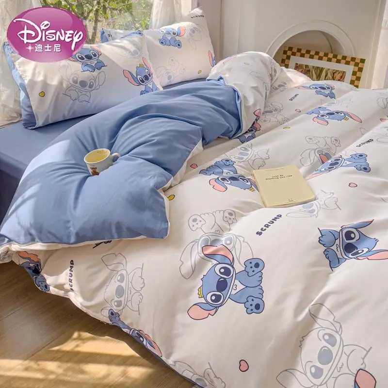 Disney Washed Bedding Set 4 Pcs Set Stitch Thin Quilt Cover 2 Pillowcases Flat Sheet Winnie the Pooh Four Seasons Universal