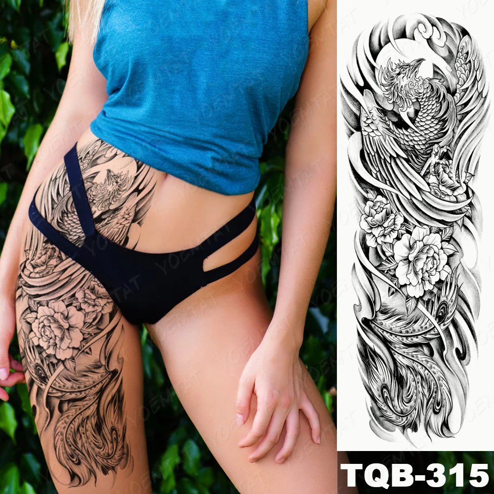 Waterproof Temporary Tattoo Sticker Peony Crane Phoenix Chrysanthemum Black Large Full Arm Sleeves Fake Tatoo Men Women Body Art