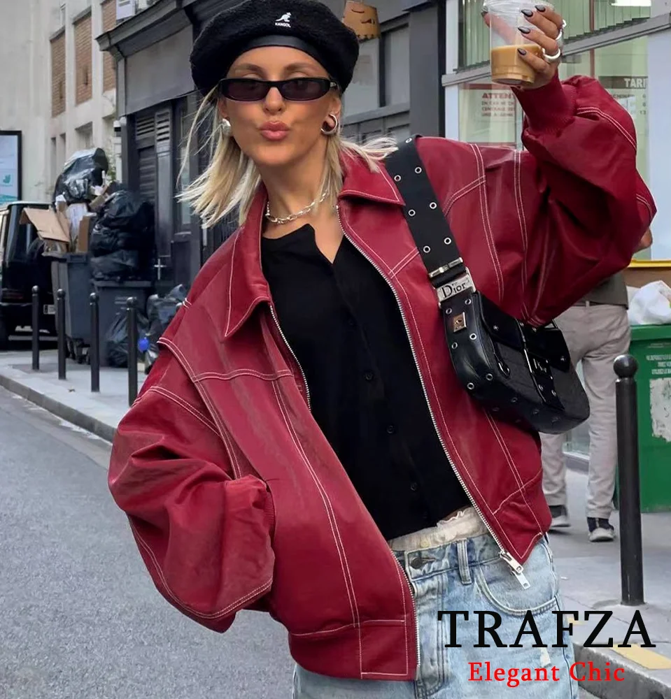 TRAFZA-Women Vintage Loose Jacket Lapel Zipper Jacket with Lined New Spring Fall Casual Versatile Classic Jacket with 14 Colors