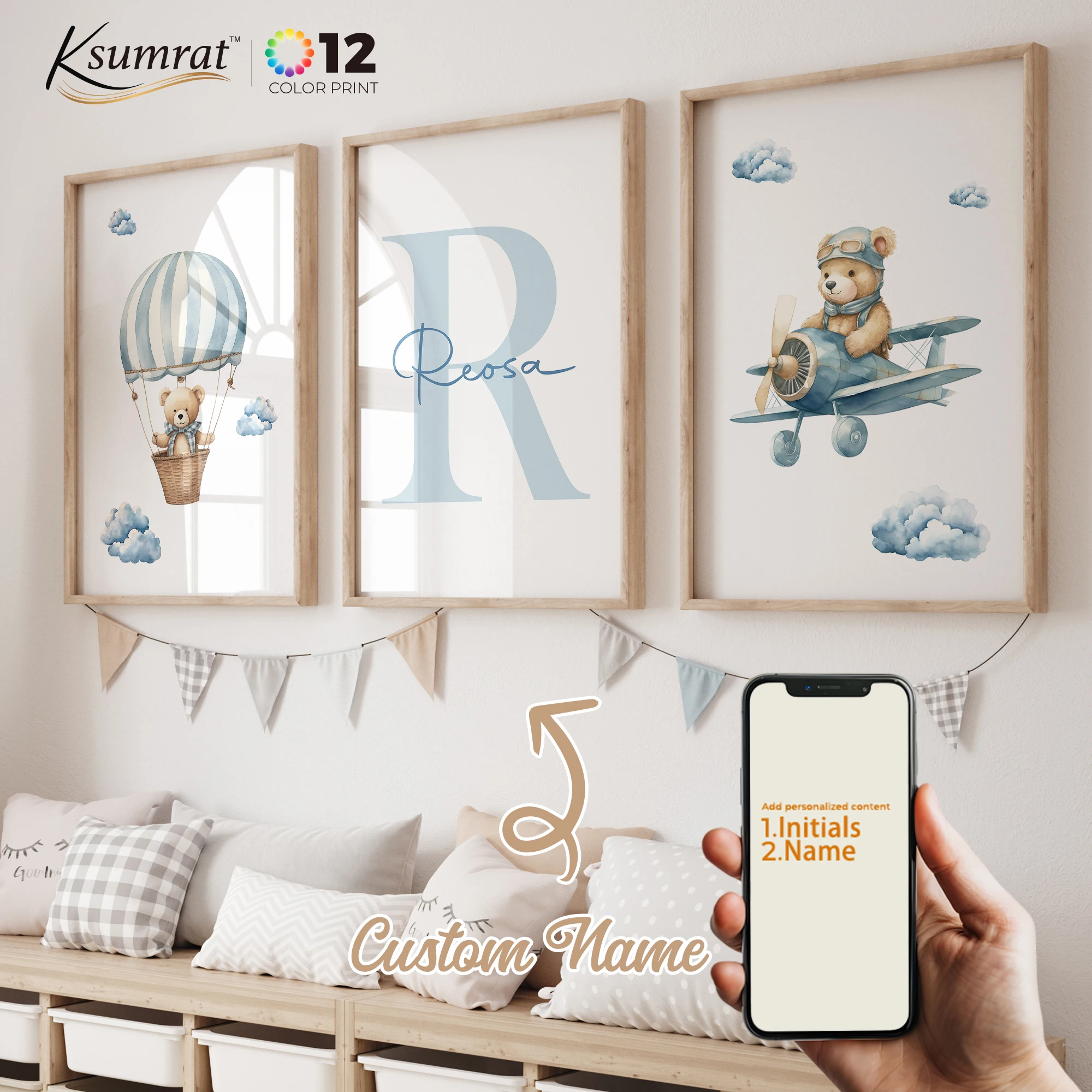 

3pcs Bear Hot Air Balloon Plane Name Customization Wall Art Prints Canvas Painting Poster Picture For Living Bed Room Home Decor