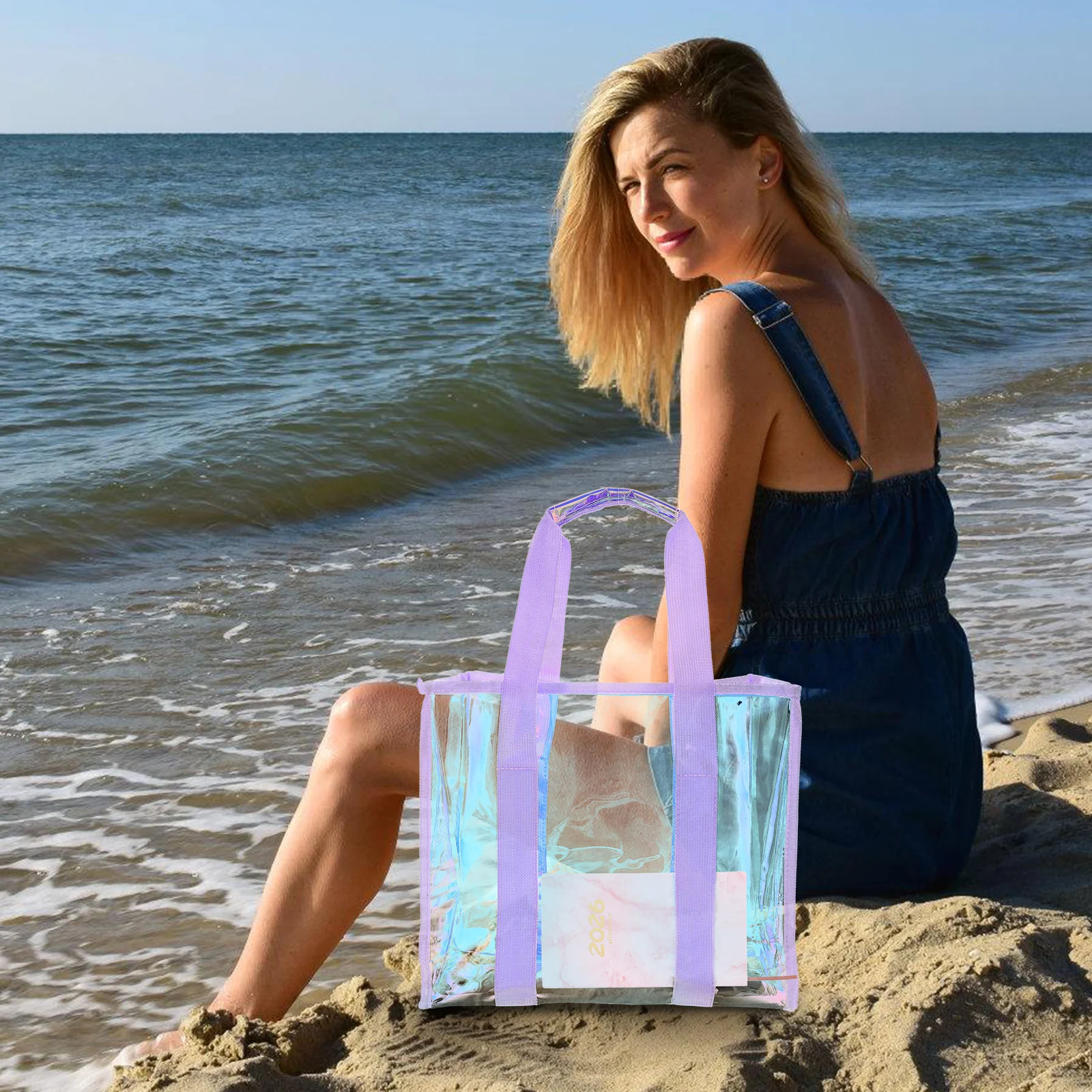 1Set Waterproof Holographic PVC Beach Tote Bag Large Capacity Shoulder Bag Suitable Summer Travel Pool Storage Transparent