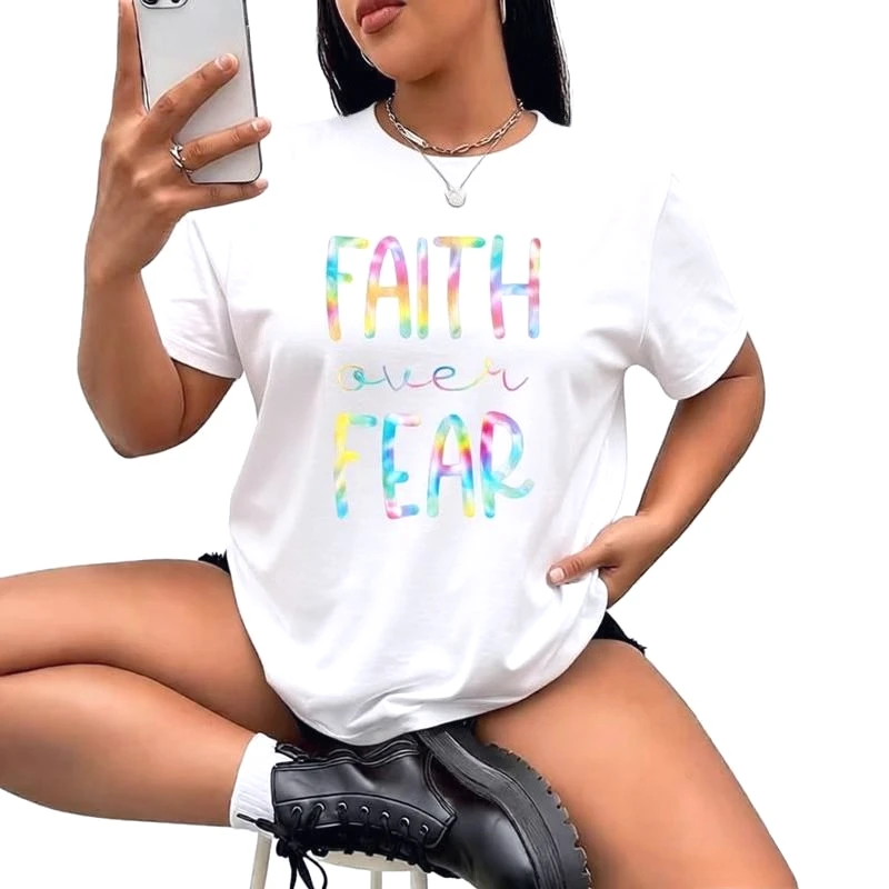 Faith Over Fear Trust God Tie Dye Printed Women's T-Shirt Funny Graphic Short Sleeve Tee Novelty Y2k Summer Casual Crew Neck Top