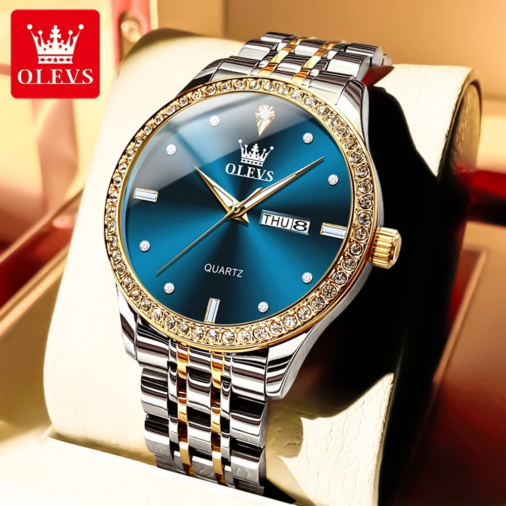 

OLEVS Brand Luxury Diamond Quartz Watch Men Stainless Steel Waterproof Luminous Week Date Fashion Blue Mens Watches Reloj Hombre