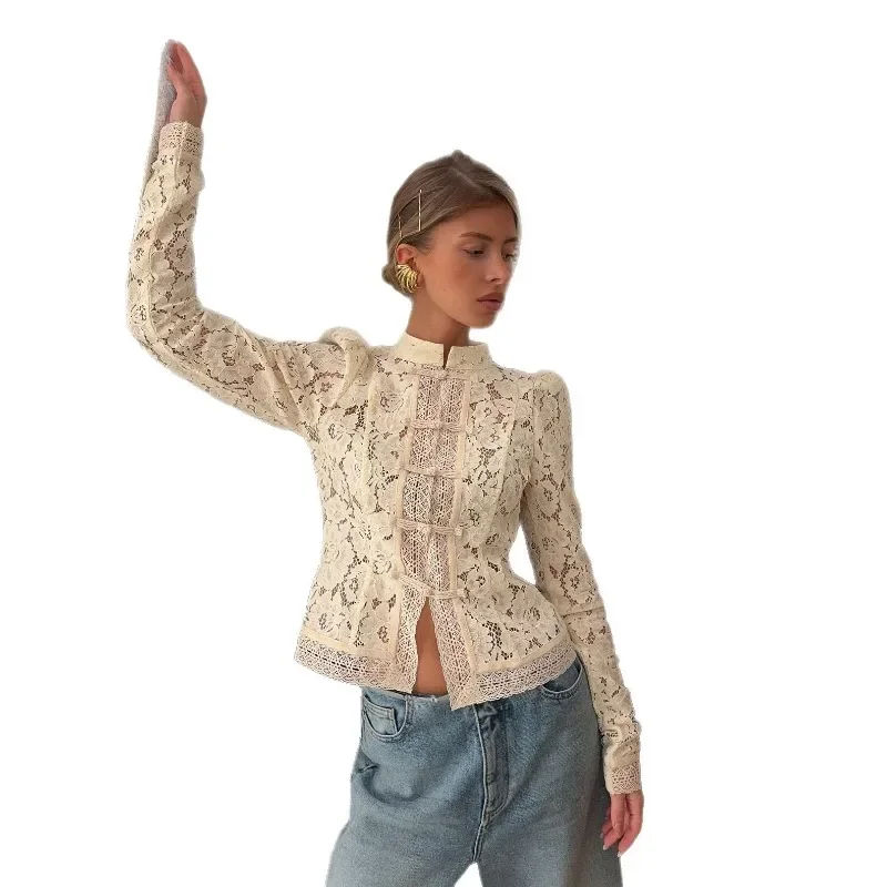 

Elegant Embroidery White Shirts Summer Sexy Hollow Out Lace Puff Sleeve Blouse Casual Sand Collar Top 2025 Vintage Shirts