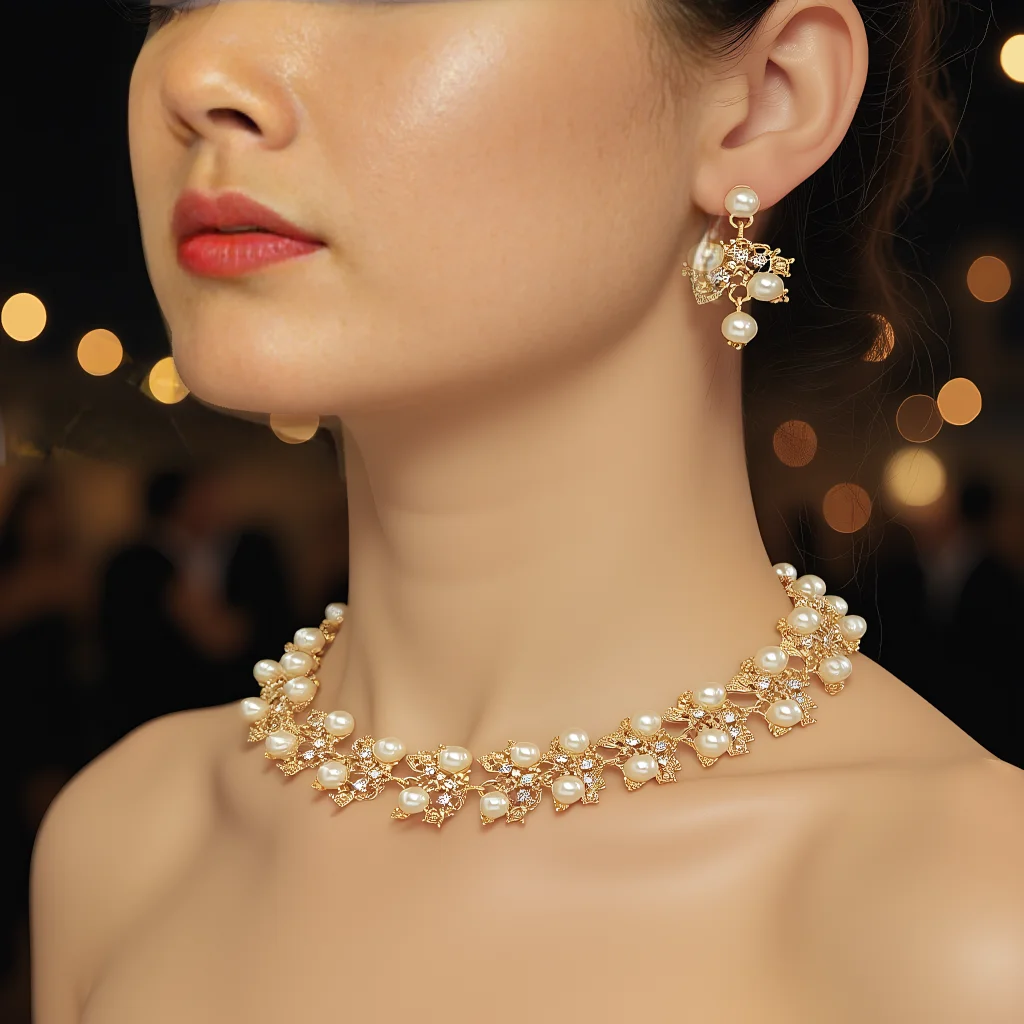 

3pcs Elegant Vintage Jewelry Set for Women Pearl Palace Style Necklace Shiny Crystal Choker Bridal Wedding Earrings Party